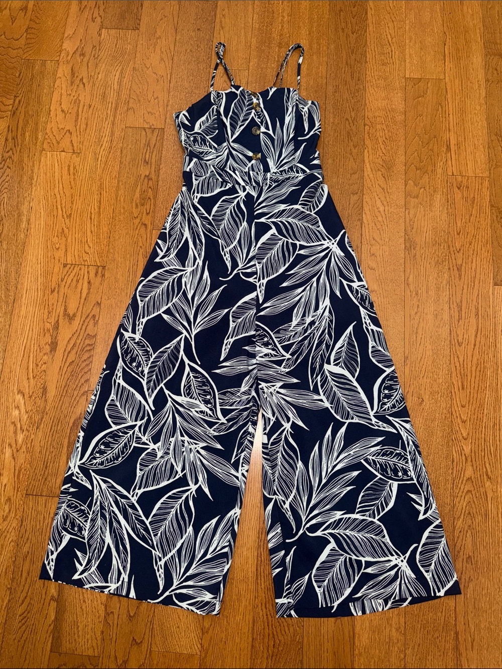 FAVLUX Navy and White Leaf-Print Wide-Leg Jumpsuit